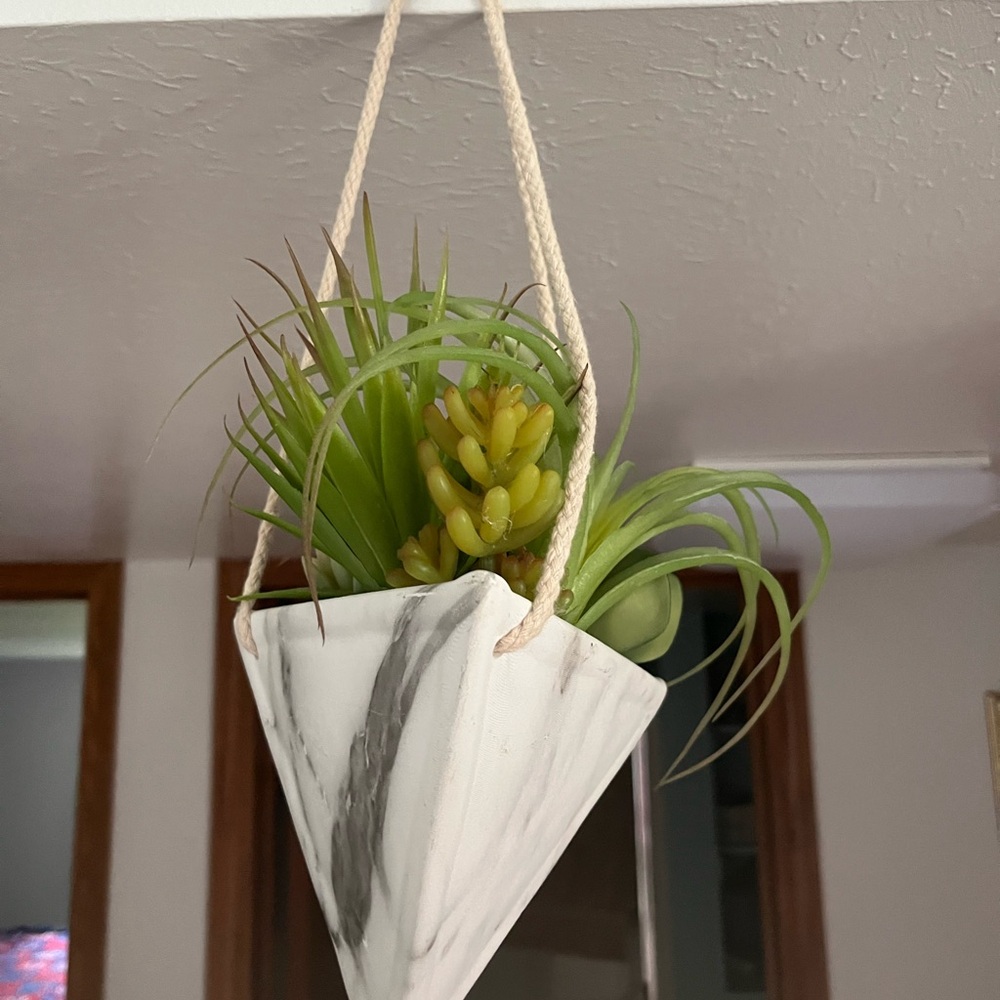 Marble Hanging Planter with Fake  Green Succulent.